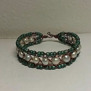 Handmade copper, pearl, seed bead bracelet